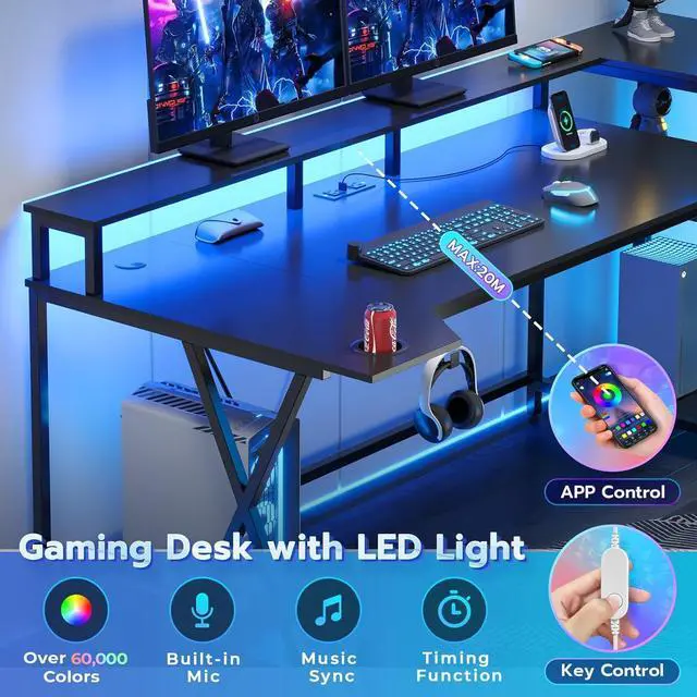 Alt view image 3 of 7 - Gaming Desk 70.8'' with LED Lights and Storage Shelves, Computer Desk with Monitor Stand, Power Outlets and Cup Holder, Large PC Gamer Desk, Gaming Table for Bedroom, Living Room - Black
