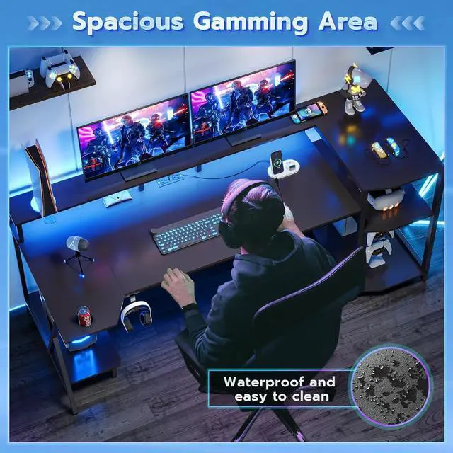 Alt view image 5 of 7 - Gaming Desk 70.8'' with LED Lights and Storage Shelves, Computer Desk with Monitor Stand, Power Outlets and Cup Holder, Large PC Gamer Desk, Gaming Table for Bedroom, Living Room - Black