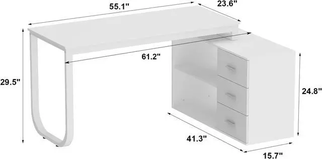 Alt view image 2 of 7 - 55" Home Office Computer Desk Corner Desk with 3 Drawers and 2 Shelves, 55 Inch Large L-Shaped Study Writing Table with Storage Cabinet - White
