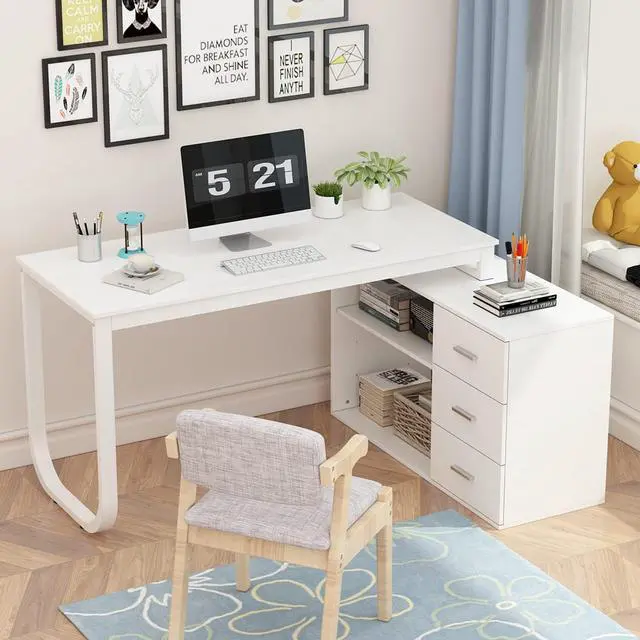 Alt view image 3 of 7 - 55" Home Office Computer Desk Corner Desk with 3 Drawers and 2 Shelves, 55 Inch Large L-Shaped Study Writing Table with Storage Cabinet - White
