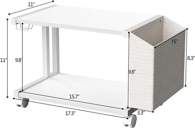 Alt view image 4 of 6 - 2 Tier Modern White Wooden Under Desk Printer Stand with Storage Bag for Home Office Desktop Printer Table Organizer Mobile Printer Shelf Cart with Caster Wheel (White)