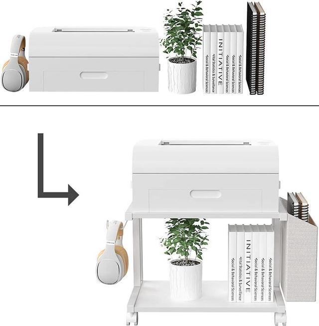 Alt view image 5 of 6 - 2 Tier Modern White Wooden Under Desk Printer Stand with Storage Bag for Home Office Desktop Printer Table Organizer Mobile Printer Shelf Cart with Caster Wheel (White)