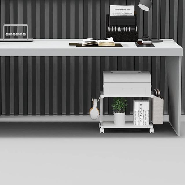 Alt view image 3 of 6 - 2 Tier Modern White Wooden Under Desk Printer Stand with Storage Bag for Home Office Desktop Printer Table Organizer Mobile Printer Shelf Cart with Caster Wheel (White)