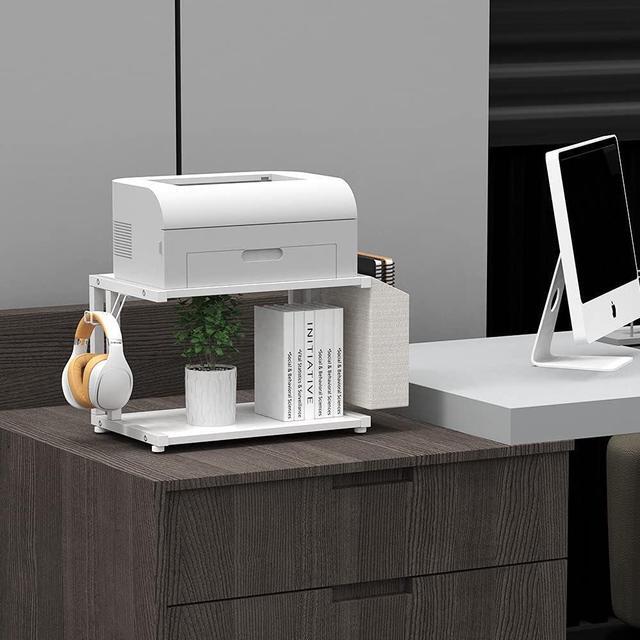 Alt view image 2 of 6 - 2 Tier Modern White Wooden Under Desk Printer Stand with Storage Bag for Home Office Desktop Printer Table Organizer Mobile Printer Shelf Cart with Caster Wheel (White)