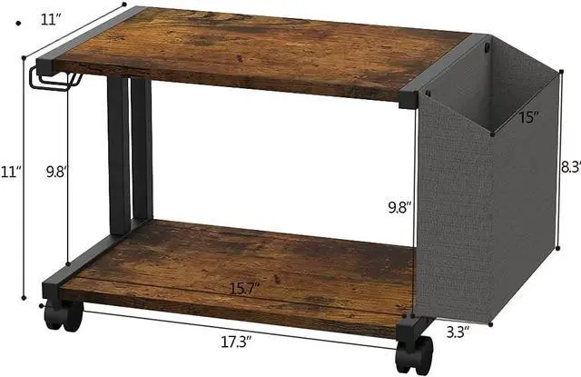 Alt view image 2 of 6 - 2 Tier Modern White Wooden Under Desk Printer Stand with Storage Bag for Home Office Desktop Printer Table Organizer Mobile Printer Shelf Cart with Caster Wheel (Rustic Brown)