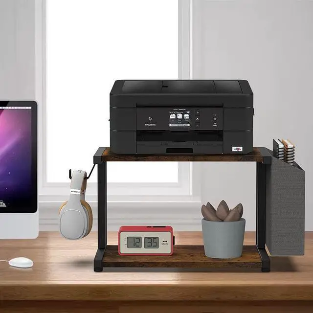 Alt view image 3 of 6 - 2 Tier Modern White Wooden Under Desk Printer Stand with Storage Bag for Home Office Desktop Printer Table Organizer Mobile Printer Shelf Cart with Caster Wheel (Rustic Brown)