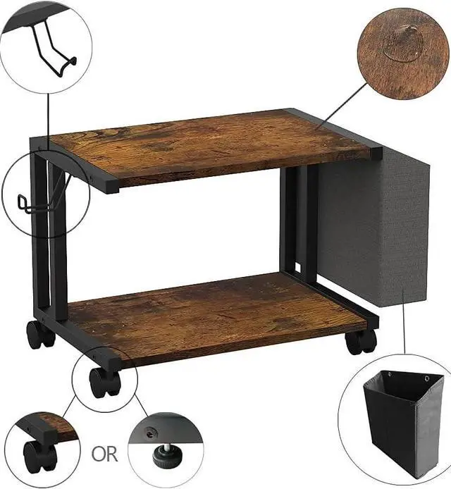 Alt view image 6 of 6 - 2 Tier Modern White Wooden Under Desk Printer Stand with Storage Bag for Home Office Desktop Printer Table Organizer Mobile Printer Shelf Cart with Caster Wheel (Rustic Brown)