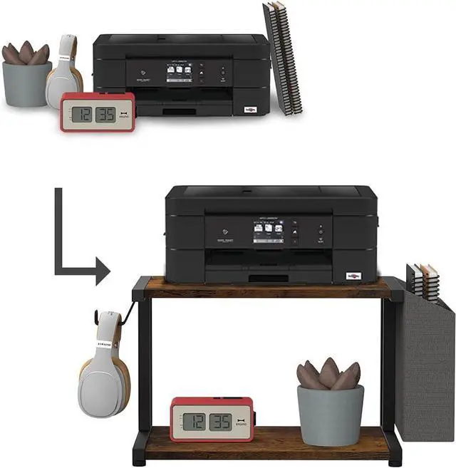 Alt view image 5 of 6 - 2 Tier Modern White Wooden Under Desk Printer Stand with Storage Bag for Home Office Desktop Printer Table Organizer Mobile Printer Shelf Cart with Caster Wheel (Rustic Brown)