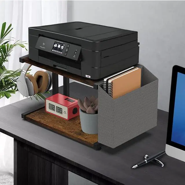 Alt view image 4 of 6 - 2 Tier Modern White Wooden Under Desk Printer Stand with Storage Bag for Home Office Desktop Printer Table Organizer Mobile Printer Shelf Cart with Caster Wheel (Rustic Brown)