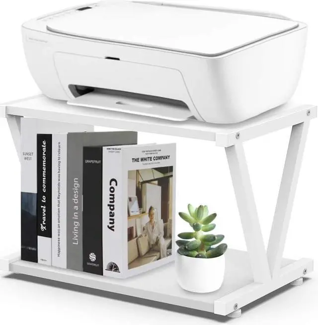 Alt view image 5 of 5 - Retro Desktop Printer Stand 2 Double Tiers Wood Printer Shelf Modern White Wood Storage Book Shelf Organizor for Home Office Stylish Sturdy V Shaped (White)