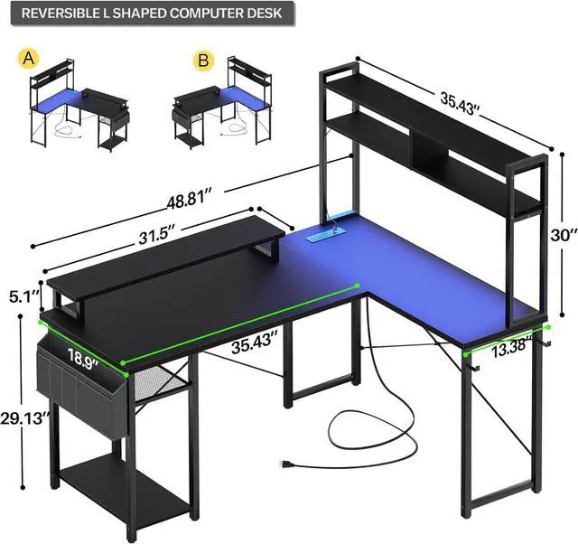 Alt view image 2 of 7 - 48.8" L Shaped Gaming Desk with LED Lights & Power Outlets, Reversible L-Shaped Computer Desk with Monitor Stand & Storage Shelf, Corner Desks Home Office Desk with Storage Bag, Black