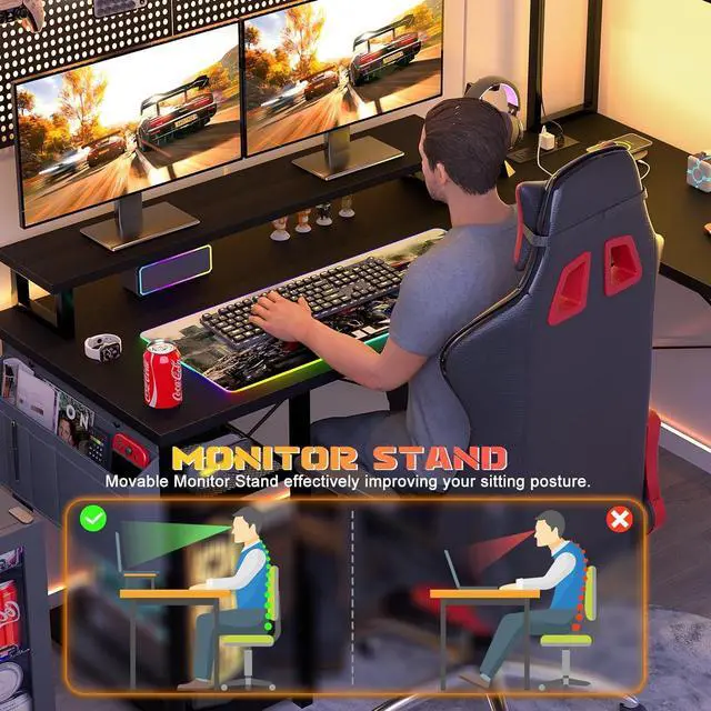 Alt view image 5 of 7 - 48.8" L Shaped Gaming Desk with LED Lights & Power Outlets, Reversible L-Shaped Computer Desk with Monitor Stand & Storage Shelf, Corner Desks Home Office Desk with Storage Bag, Black
