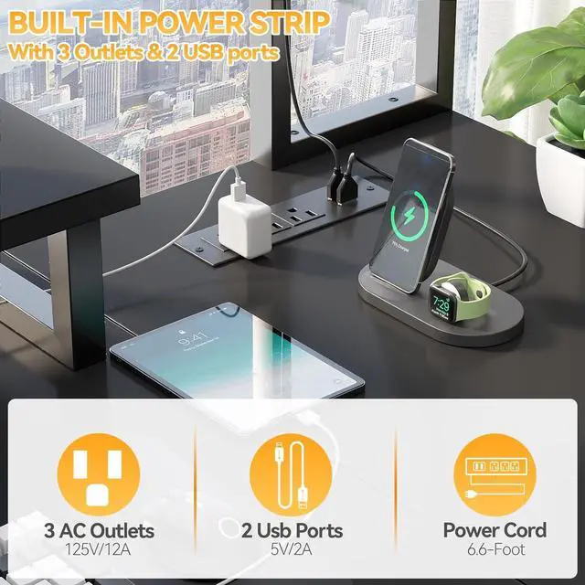 Alt view image 4 of 7 - 48.8" L Shaped Gaming Desk with LED Lights & Power Outlets, Reversible L-Shaped Computer Desk with Monitor Stand & Storage Shelf, Corner Desks Home Office Desk with Storage Bag, Black