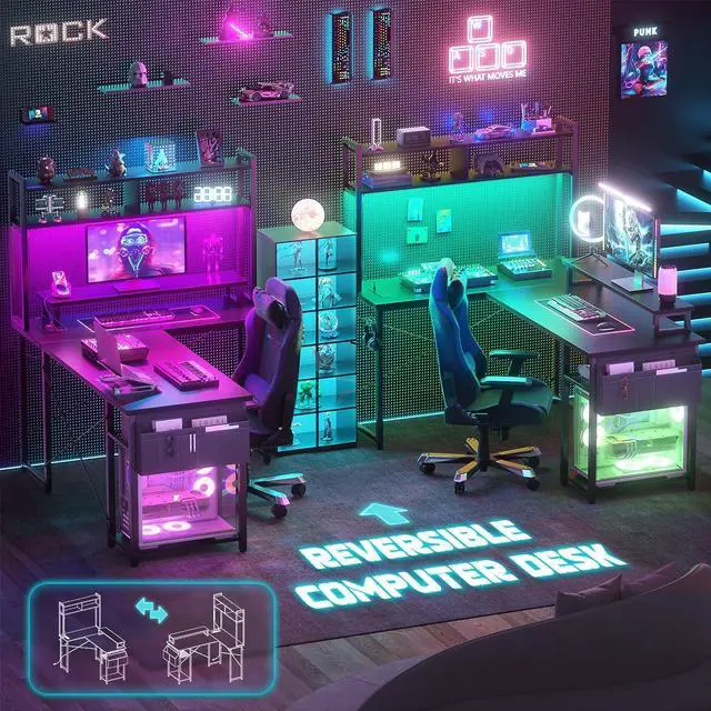 Alt view image 6 of 7 - 48.8" L Shaped Gaming Desk with LED Lights & Power Outlets, Reversible L-Shaped Computer Desk with Monitor Stand & Storage Shelf, Corner Desks Home Office Desk with Storage Bag, Black