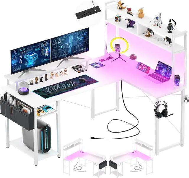 Main image of 48.8" L Shaped Gaming Desk with LED Lights & Power Outlets, Reversible L-Shaped Computer Desk with Monitor Stand & Storage Shelf, Corner Desks Home Office Desk with Storage Bag, White