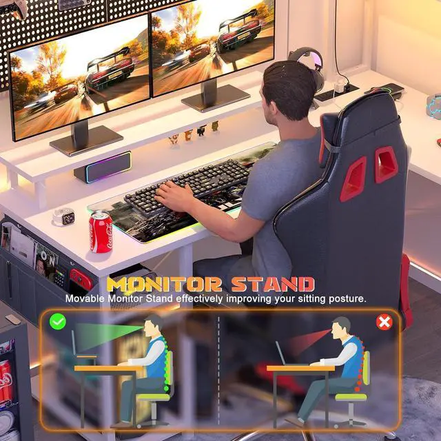 Alt view image 5 of 7 - 48.8" L Shaped Gaming Desk with LED Lights & Power Outlets, Reversible L-Shaped Computer Desk with Monitor Stand & Storage Shelf, Corner Desks Home Office Desk with Storage Bag, White