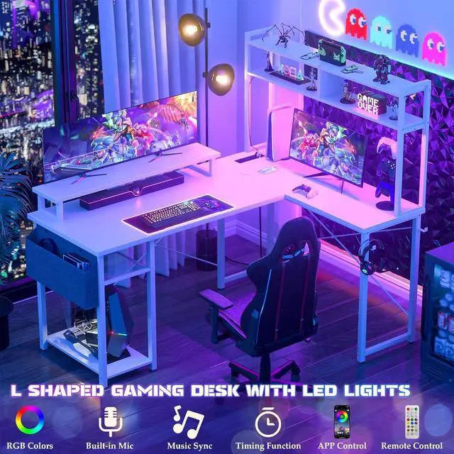 Alt view image 3 of 7 - 48.8" L Shaped Gaming Desk with LED Lights & Power Outlets, Reversible L-Shaped Computer Desk with Monitor Stand & Storage Shelf, Corner Desks Home Office Desk with Storage Bag, White