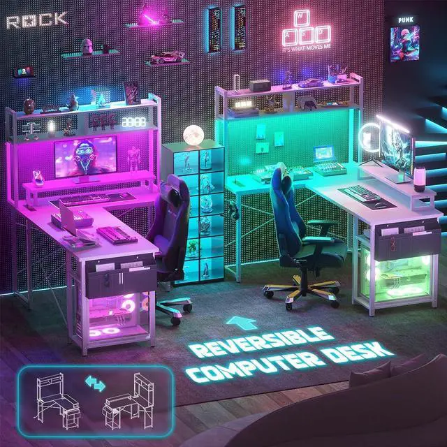 Alt view image 6 of 7 - 48.8" L Shaped Gaming Desk with LED Lights & Power Outlets, Reversible L-Shaped Computer Desk with Monitor Stand & Storage Shelf, Corner Desks Home Office Desk with Storage Bag, White