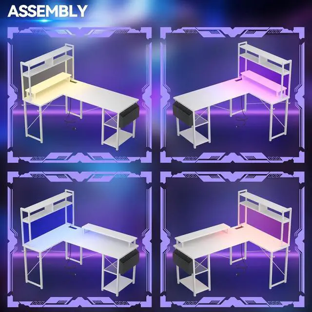 Alt view image 7 of 7 - 48.8" L Shaped Gaming Desk with LED Lights & Power Outlets, Reversible L-Shaped Computer Desk with Monitor Stand & Storage Shelf, Corner Desks Home Office Desk with Storage Bag, White