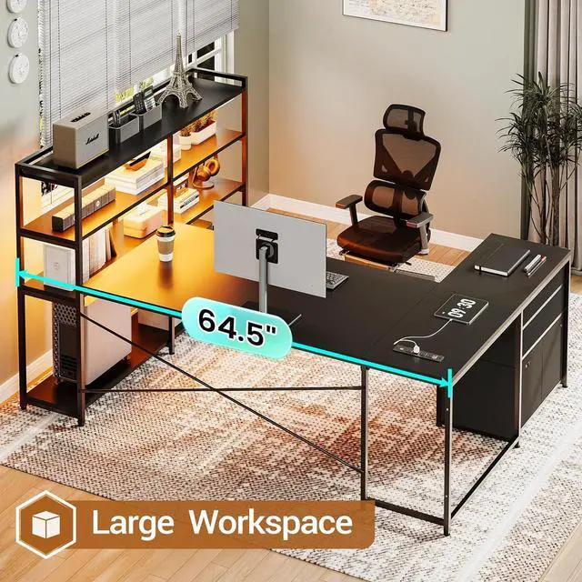 Alt view image 5 of 7 - L Shaped Gaming Desk, Reversible U Shaped Computer Desk with Power Outlet and Storage Shelves, Gaming Desk with LED Strip, 3 Fabric Drawers, Black