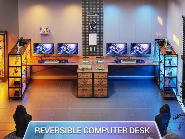 Alt view image 3 of 7 - L Shaped Gaming Desk, Reversible U Shaped Computer Desk with Power Outlet and Storage Shelves, Gaming Desk with LED Strip, 3 Fabric Drawers, Rustic Brown