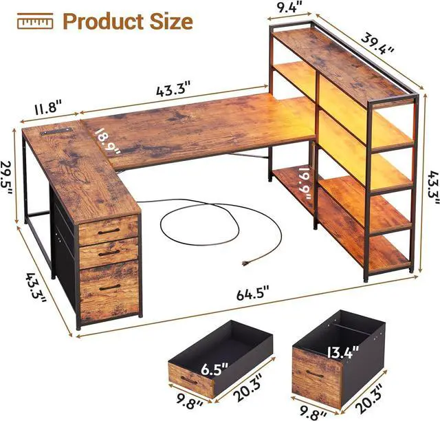 Alt view image 2 of 7 - L Shaped Gaming Desk, Reversible U Shaped Computer Desk with Power Outlet and Storage Shelves, Gaming Desk with LED Strip, 3 Fabric Drawers, Rustic Brown