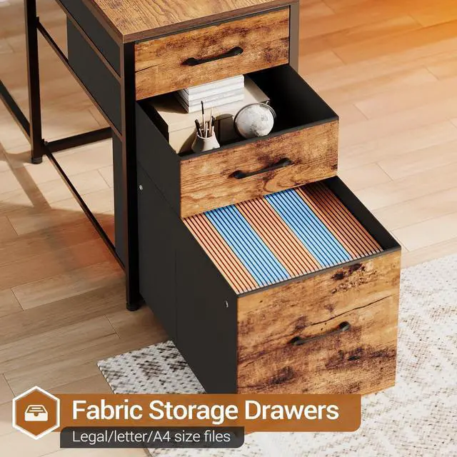 Alt view image 6 of 7 - L Shaped Gaming Desk, Reversible U Shaped Computer Desk with Power Outlet and Storage Shelves, Gaming Desk with LED Strip, 3 Fabric Drawers, Rustic Brown