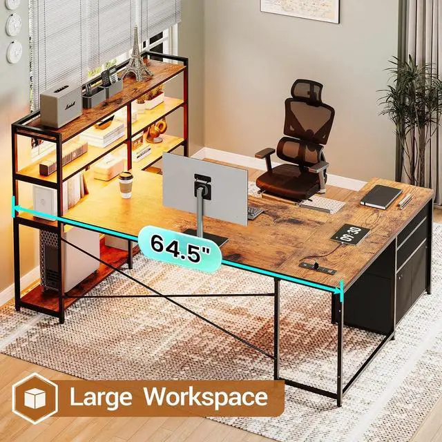 Alt view image 7 of 7 - L Shaped Gaming Desk, Reversible U Shaped Computer Desk with Power Outlet and Storage Shelves, Gaming Desk with LED Strip, 3 Fabric Drawers, Rustic Brown