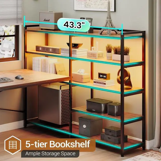 Alt view image 5 of 7 - L Shaped Gaming Desk, Reversible U Shaped Computer Desk with Power Outlet and Storage Shelves, Gaming Desk with LED Strip, 3 Fabric Drawers, Rustic Brown