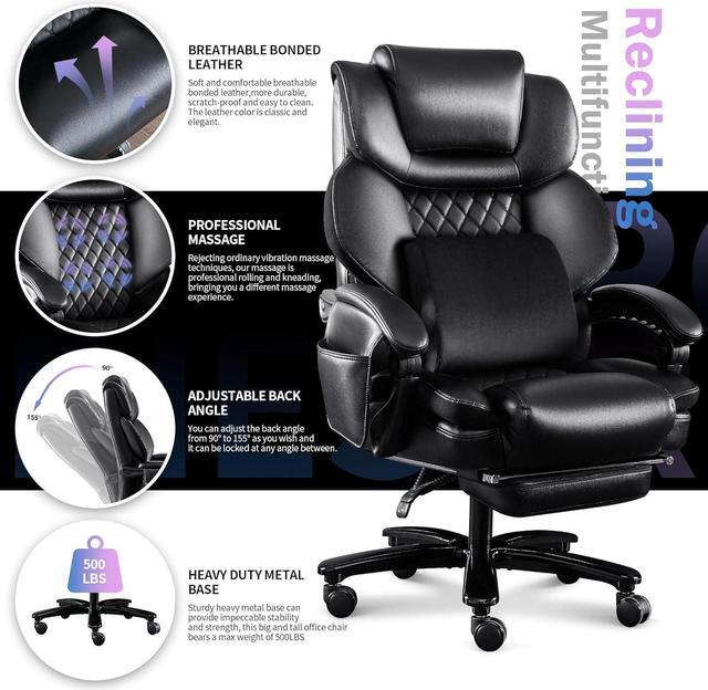 Alt view image 5 of 7 - Big and Tall Office Chair 500lbs with 3D Rolling Massage Lumbar Cushion Executive Office Chair High Back Reclining Office Chair with Footrest Wide Seat Breathable Back Support Home Office Desk Chairs