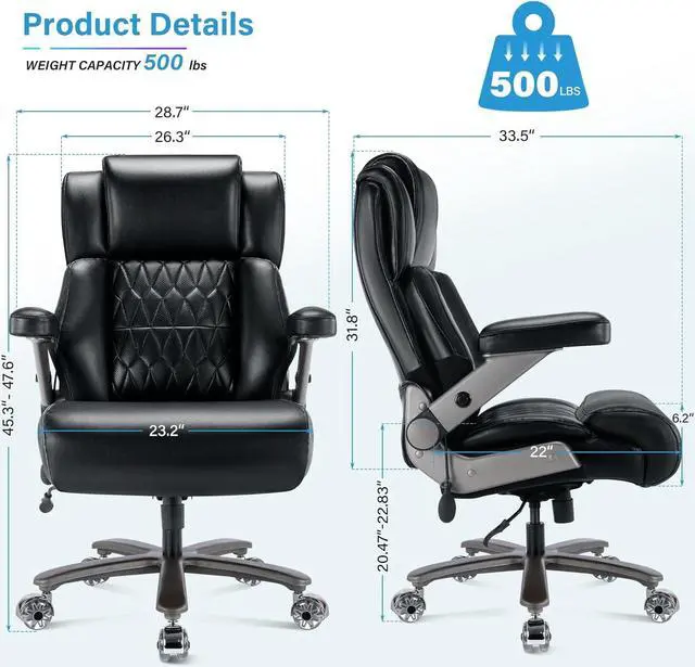 Alt view image 2 of 7 - Big and Tall 500lbs Office Chair - Adjustable Lumbar Support 3D Flip Arms Heavy Duty Metal Base&Wheels, High Back Large Executive Computer Desk Chair, Thick Padded Ergonomic Design for Back Pain