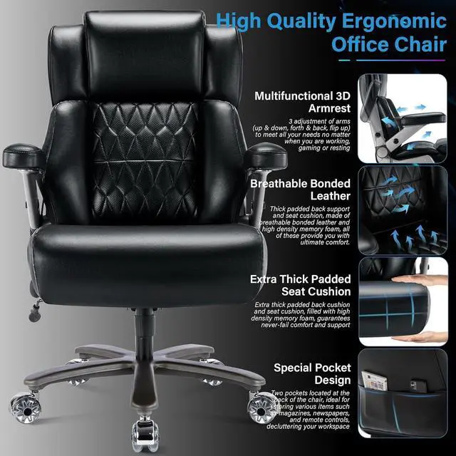 Alt view image 3 of 7 - Big and Tall 500lbs Office Chair - Adjustable Lumbar Support 3D Flip Arms Heavy Duty Metal Base&Wheels, High Back Large Executive Computer Desk Chair, Thick Padded Ergonomic Design for Back Pain