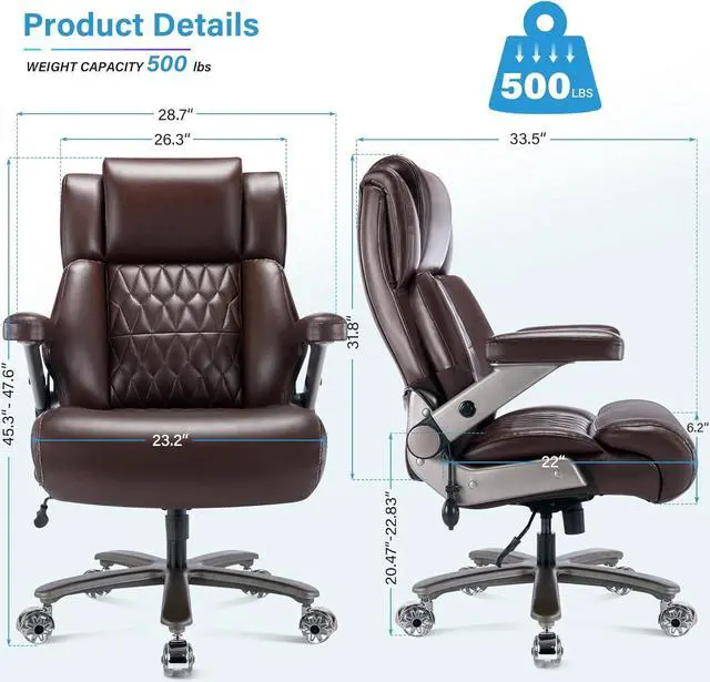 Alt view image 2 of 7 - Big and Tall 500lbs Office Chair - Adjustable Lumbar Support 3D Flip Arms Heavy Duty Metal Base&Wheels, High Back Large Executive Computer Desk Chair, Thick Padded Ergonomic Design for Back Pain