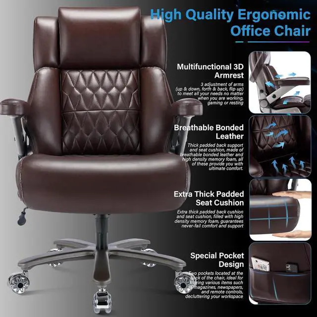 Alt view image 3 of 7 - Big and Tall 500lbs Office Chair - Adjustable Lumbar Support 3D Flip Arms Heavy Duty Metal Base&Wheels, High Back Large Executive Computer Desk Chair, Thick Padded Ergonomic Design for Back Pain
