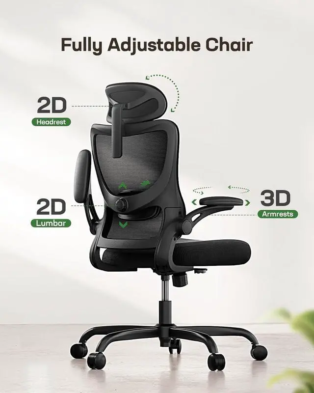 Alt view image 3 of 7 - Ergonomic Office Chair: Office Computer Desk Chair with High Back Mesh and Adjustable Lumbar Support Rolling Work Swivel Task Chairs with Wheel 3D Armrests and Headrest