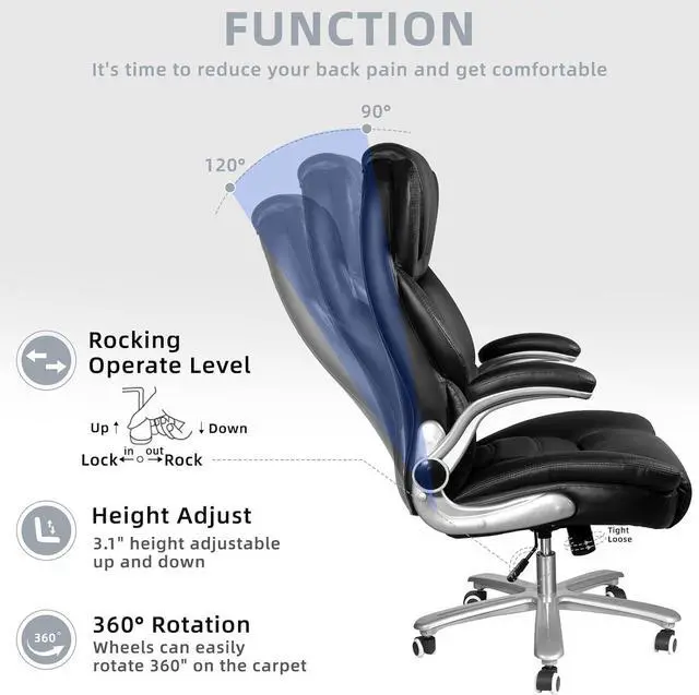 Alt view image 3 of 6 - Executive Office Chair, Big and Tall Office Chairs for Heavy People 400lbs Wide Seat, High Back Leather Office Chair Lumbar Support with Adjustable Armrest, Office Desk Chair, Black