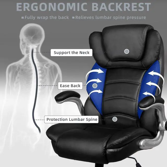 Alt view image 4 of 6 - Executive Office Chair, Big and Tall Office Chairs for Heavy People 400lbs Wide Seat, High Back Leather Office Chair Lumbar Support with Adjustable Armrest, Office Desk Chair, Black