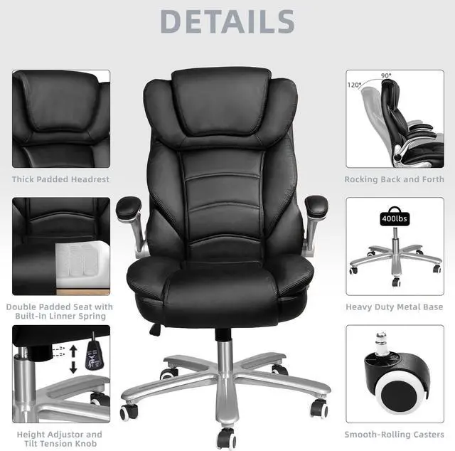 Alt view image 5 of 6 - Executive Office Chair, Big and Tall Office Chairs for Heavy People 400lbs Wide Seat, High Back Leather Office Chair Lumbar Support with Adjustable Armrest, Office Desk Chair, Black
