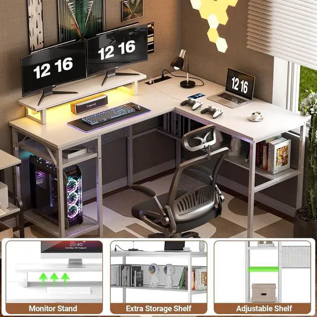 Alt view image 4 of 7 - 55" Reversible L Shaped Desk with Power Outlets and Smart LED Light, Computer Office Desk, Unique Grid Design, Corner Writing Gaming Table with Monitor Stand and Storage Shelf, White