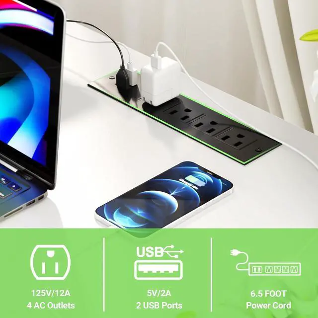 Alt view image 5 of 7 - 55" Reversible L Shaped Desk with Power Outlets and Smart LED Light, Computer Office Desk, Unique Grid Design, Corner Writing Gaming Table with Monitor Stand and Storage Shelf, White