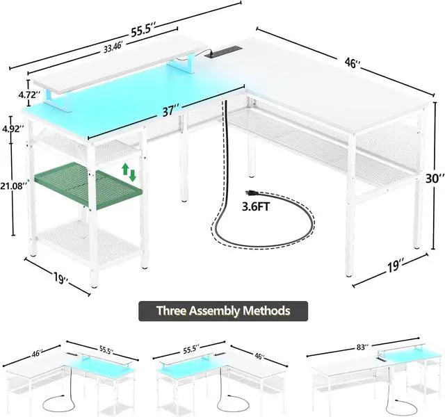 Alt view image 3 of 7 - 55" Reversible L Shaped Desk with Power Outlets and Smart LED Light, Computer Office Desk, Unique Grid Design, Corner Writing Gaming Table with Monitor Stand and Storage Shelf, White