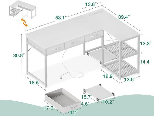 Alt view image 3 of 7 - 53" L Shaped Desk with Drawers, Computer Desk with Storage Shelves and USB Ports, Corner Desk for Home Office Sturdy Writing Workstation, Gaming Desk, Easy to Assemble, White