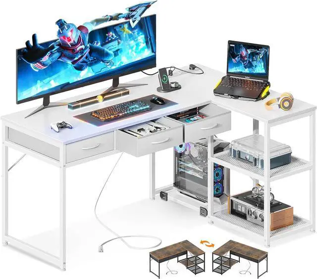 Main image of 53" L Shaped Desk with Drawers, Computer Desk with Storage Shelves and USB Ports, Corner Desk for Home Office Sturdy Writing Workstation, Gaming Desk, Easy to Assemble, White