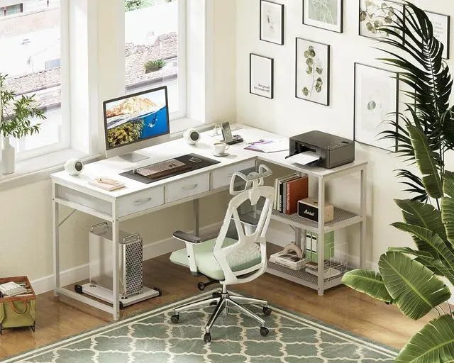 Alt view image 4 of 7 - 53" L Shaped Desk with Drawers, Computer Desk with Storage Shelves and USB Ports, Corner Desk for Home Office Sturdy Writing Workstation, Gaming Desk, Easy to Assemble, White