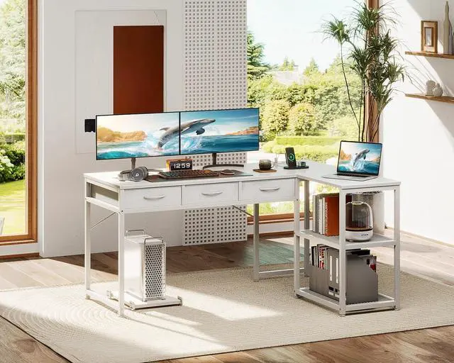 Alt view image 2 of 7 - 53" L Shaped Desk with Drawers, Computer Desk with Storage Shelves and USB Ports, Corner Desk for Home Office Sturdy Writing Workstation, Gaming Desk, Easy to Assemble, White