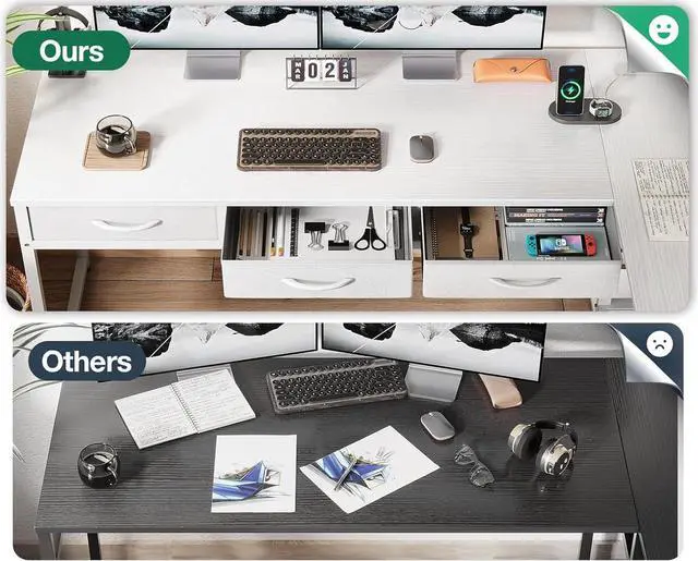Alt view image 7 of 7 - 53" L Shaped Desk with Drawers, Computer Desk with Storage Shelves and USB Ports, Corner Desk for Home Office Sturdy Writing Workstation, Gaming Desk, Easy to Assemble, White