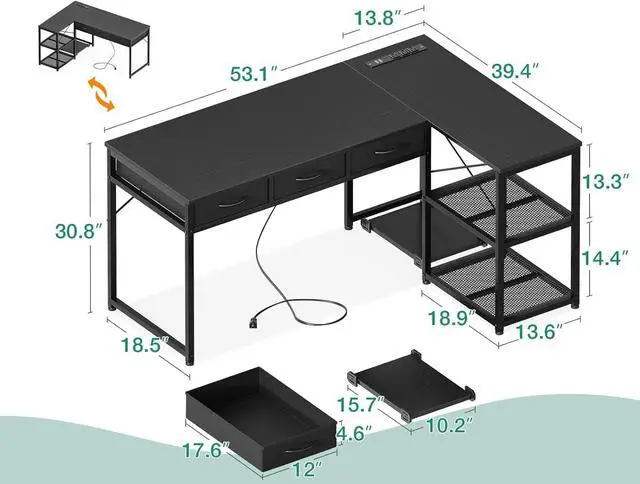 Alt view image 3 of 7 - 53" L Shaped Desk with Drawers, Computer Desk with Storage Shelves and USB Ports, Corner Desk for Home Office Sturdy Writing Workstation, Gaming Desk, Easy to Assemble, Black