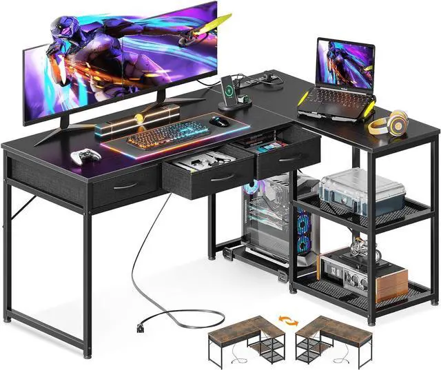 Main image of 53" L Shaped Desk with Drawers, Computer Desk with Storage Shelves and USB Ports, Corner Desk for Home Office Sturdy Writing Workstation, Gaming Desk, Easy to Assemble, Black