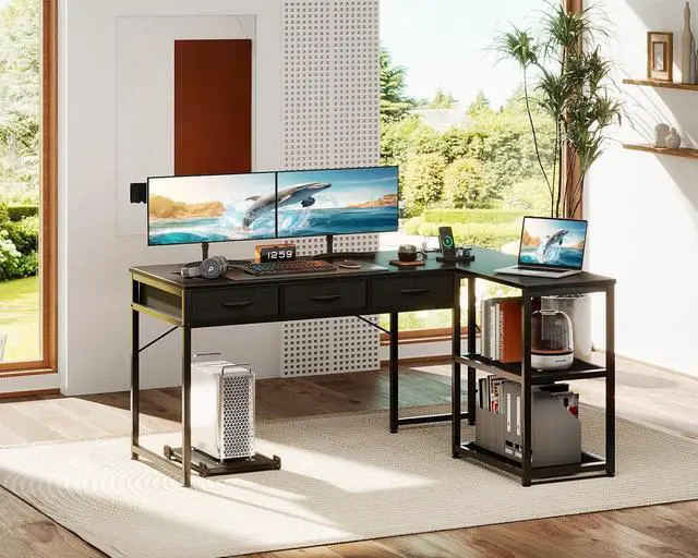 Alt view image 2 of 7 - 53" L Shaped Desk with Drawers, Computer Desk with Storage Shelves and USB Ports, Corner Desk for Home Office Sturdy Writing Workstation, Gaming Desk, Easy to Assemble, Black