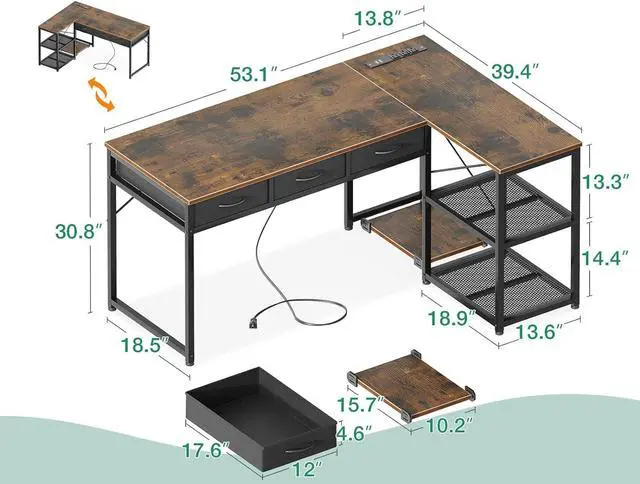Alt view image 3 of 7 - 53" L Shaped Desk with Drawers, Computer Desk with Storage Shelves and USB Ports, Corner Desk for Home Office Sturdy Writing Workstation, Gaming Desk, Easy to Assemble, Vintage